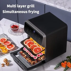 Household air fryer with a capacity of 1.19gal, intelligent oil-free oven, three-dimensional hot air circulation, low oil and low fat, intelligent touch control. From frying to baking, one machine can replace multiple machines.,  Compact Design, Easy