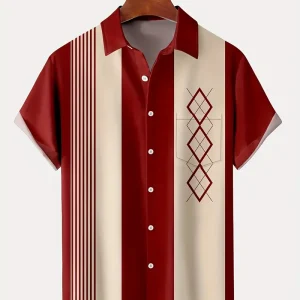 3pcs Set + Beaded Fabric Men's Short Sleeve Lapel Top with Contrast Stripe Design, Ideal for Workwear and Casual Daily Wear as a Gift