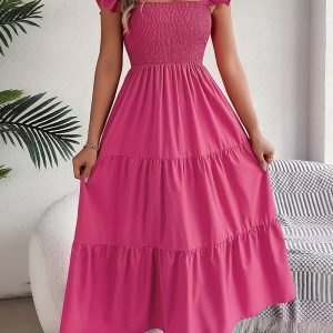 [V-Neck A-Line Dress] Long Sleeve V-Neck A-Line Button Dress | Women's Solid Color